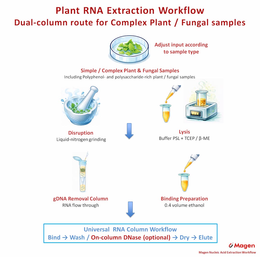 Dual-column plant RNA extraction workflow for complex plant and fungal samples showing liquid-nitrogen grinding, PSL lysis with TCEP or β-mercaptoethanol, gDNA removal column, ethanol binding preparation and universal column purification. Dual-column plant RNA extraction workflow for complex plant and fungal samples showing liquid-nitrogen grinding, PSL lysis with TCEP or β-mercaptoethanol, gDNA removal column, ethanol binding preparation and universal column purification.